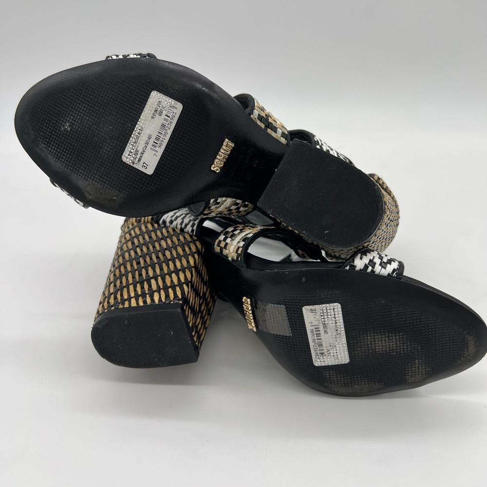 Schutz Woven Raffia Block Heel Lace-Up Strappy Sandals Black/White Sz 7 - Picture 14 of 16